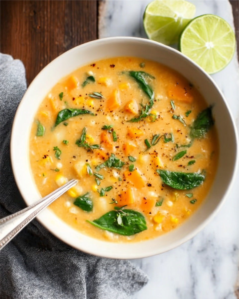 A white bowl filled with creamy soup containing chunks of orange sweet potato, yellow corn, white potatoes, and green spinach leaves, garnished with small green herbs and a sprinkle of black pepper on top. A white spoon is inside the bowl on the right side. The bowl sits on a white marbled surface with two lime pieces on the upper left side. A gray cloth is partly visible at the bottom left. Photo taken with an iphone --ar 4:5 --v 7