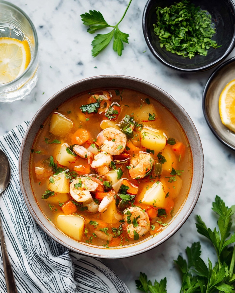 A bowl of seafood stew sits on a white marbled surface, filled with layers of ingredients in a light brown broth. The top layer shows chunks of white fish with green parsley sprinkled on them, along with orange shrimp curled around yellow potato pieces. There are also small orange carrot slices and bits of red pepper scattered throughout. The bowl is white with a thin brown rim, and next to it is a small black bowl filled with fresh green parsley leaves. A clear glass with a lemon slice and a fork on a striped cloth are also visible around the bowl. photo taken with an iphone --ar 4:5 --v 7
