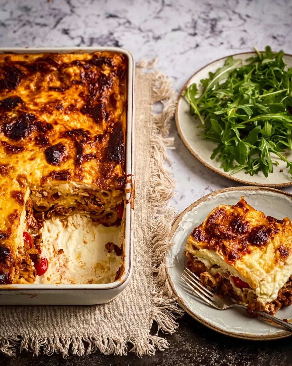 A white rectangular baking dish filled with a baked pasta casserole showing two main layers: a top golden brown, bubbly cheese layer with toasted spots, and underneath a rich layer of cooked pasta mixed with red tomato sauce and meat. A silver spoon scoops out a portion from the front left side, revealing the textured pasta beneath the cheese. To the right, a white round plate holds a serving of the same casserole, displaying the cheese layer on top with pasta and sauce underneath, accompanied by fresh green leafy salad on the side. The setting is on a dark textured surface with a white marbled texture underneath. Photo taken with an iphone --ar 4:5 --v 7