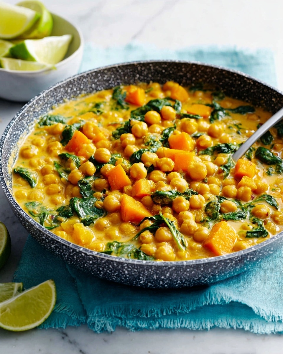 A close-up of a dark speckled skillet filled with a thick, yellow curry made of chickpeas, orange cubes of squash, and dark green spinach leaves, with a spoon resting inside. The skillet sits on a pale blue cloth over a white marbled surface. Around the skillet, there are lime wedges in front and a small white bowl with lime wedges blurred in the back against a light blue background. photo taken with an iphone --ar 4:5 --v 7