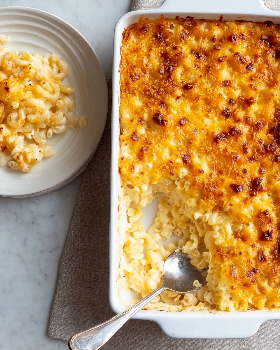 A white rectangular baking dish filled with macaroni and cheese, showing two layers: the top layer is golden brown and crispy with melted cheese covering the curved macaroni, while the bottom layer is creamy and white with soft macaroni. A spoon rests on a white plate with a small serving of the creamy macaroni, placed on a white marbled surface. The scene includes a beige cloth underneath the baking dish and plate, and a woman's hand holds the spoon. photo taken with an iphone --ar 4:5 --v 7