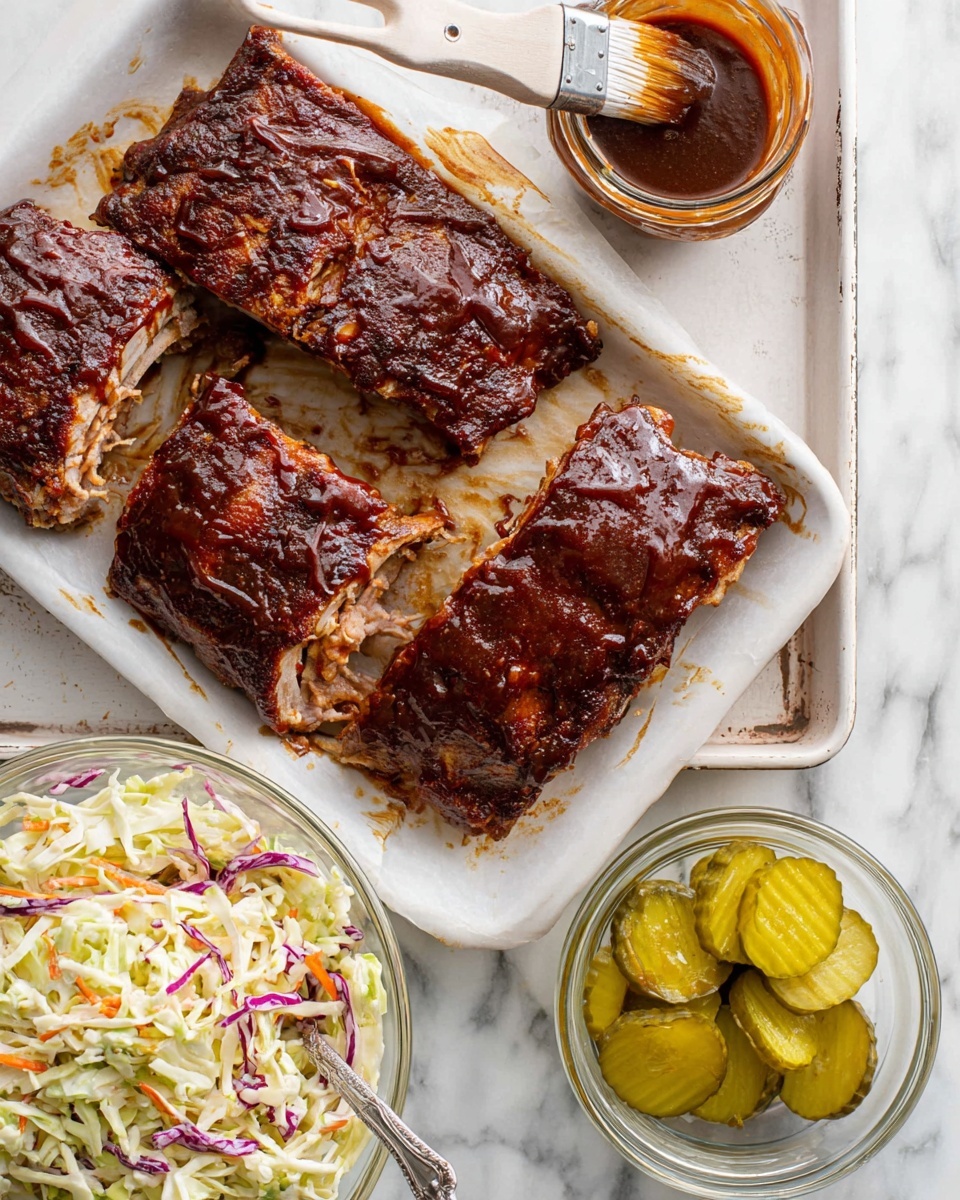 A baking tray lined with white parchment paper holds a rack of ribs that are partially eaten, showing both large and small pieces of dark brown, smoky ribs with a slightly charred texture and tender inside. There are five bare rib bones arranged curved on the left side, and some scattered meat pieces with crispy edges lie around. In the upper left corner, a small clear glass bowl filled with thick reddish-brown barbecue sauce has a white brush with a wooden handle resting inside it. The tray sits on a white marbled surface, with a folded blue cloth partially visible on the right side. Photo taken with an iphone --ar 4:5 --v 7