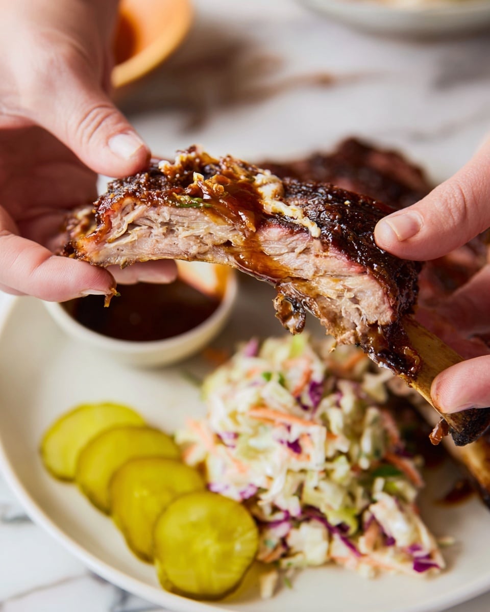 A close-up shows a woman's hand pulling apart a cooked rib, revealing the tender inner meat in light pink and brown tones with a shiny texture from sauce. Below, a white plate holds sliced yellow pickles on the left and a layer of creamy coleslaw with white, green, purple, and orange bits on the bottom. The background has a blurred bowl with dark sauce, all set on a white marbled surface. Photo taken with an iphone --ar 4:5 --v 7