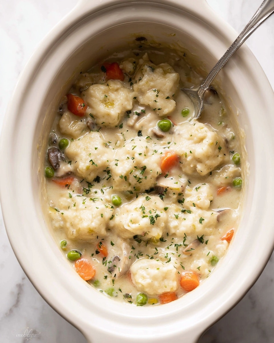 Inside a white oval ceramic slow cooker, there is a thick stew with three main layers visible: chunky off-white dumplings floating on top with a soft, slightly bumpy texture, creamy light beige broth forming the middle layer that looks smooth and rich, and various small vegetables mixed throughout including bright orange carrot slices, green peas, and small brown mushroom pieces. Finely chopped green herbs are sprinkled over the entire dish, adding small green flecks that contrast with the creamy base. A silver spoon is resting inside the cooker, partially submerged in the stew. The slow cooker is set on a white marbled surface. Photo taken with an iphone --ar 4:5 --v 7