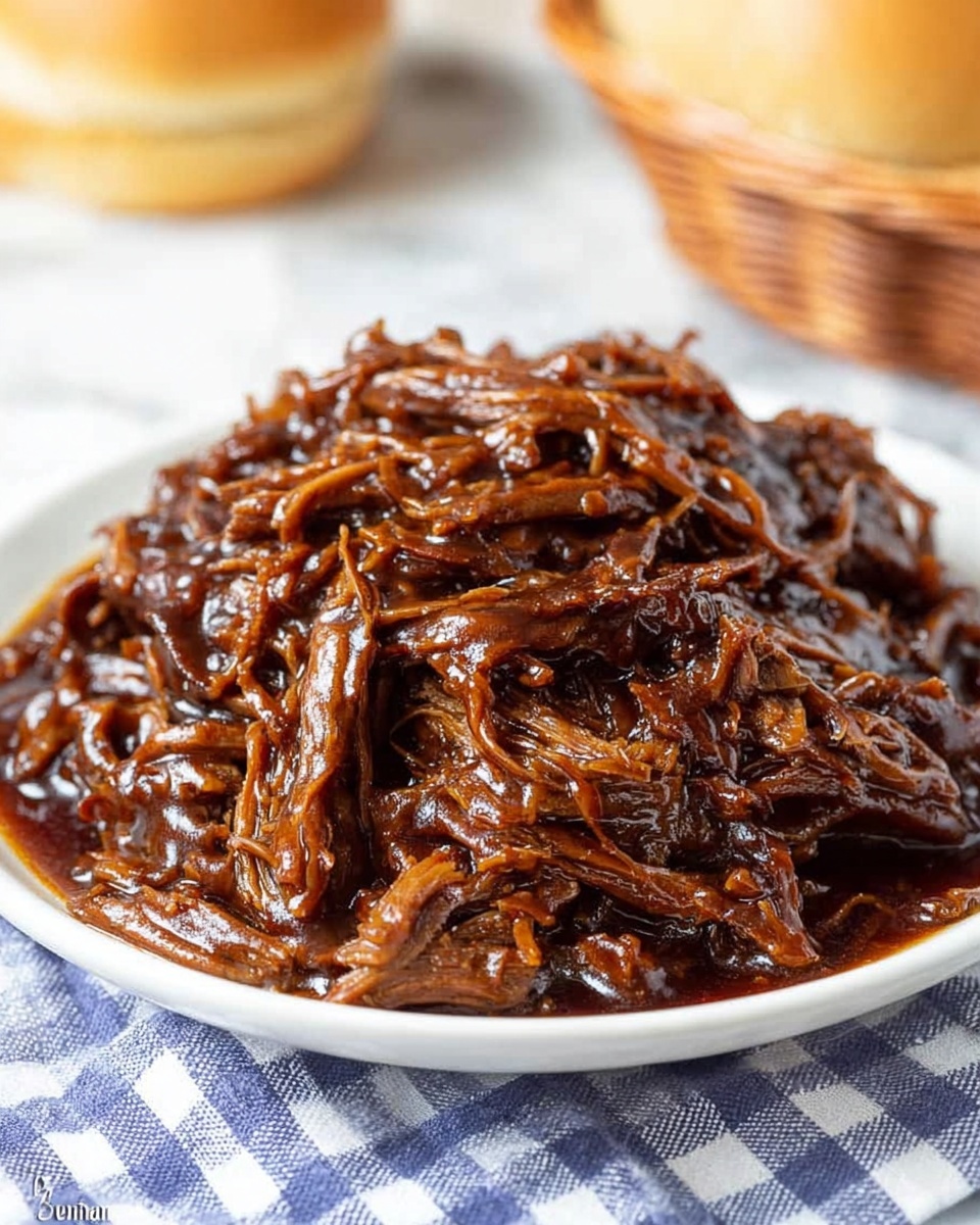 The image shows three small white biscuit halves lying on white parchment paper on a wooden board over a white marbled surface. Each biscuit half is topped with a generous mound of glossy, dark brown shredded meat covered in a rich sauce that clings to the strands. The biscuit bases are lightly textured and soft looking with a pale golden-brown color on the edges. The focus is on the front biscuit, making the shredded meat’s shiny and slightly sticky texture very clear, while the other two biscuits are blurred in the background. Photo taken with an iphone --ar 4:5 --v 7