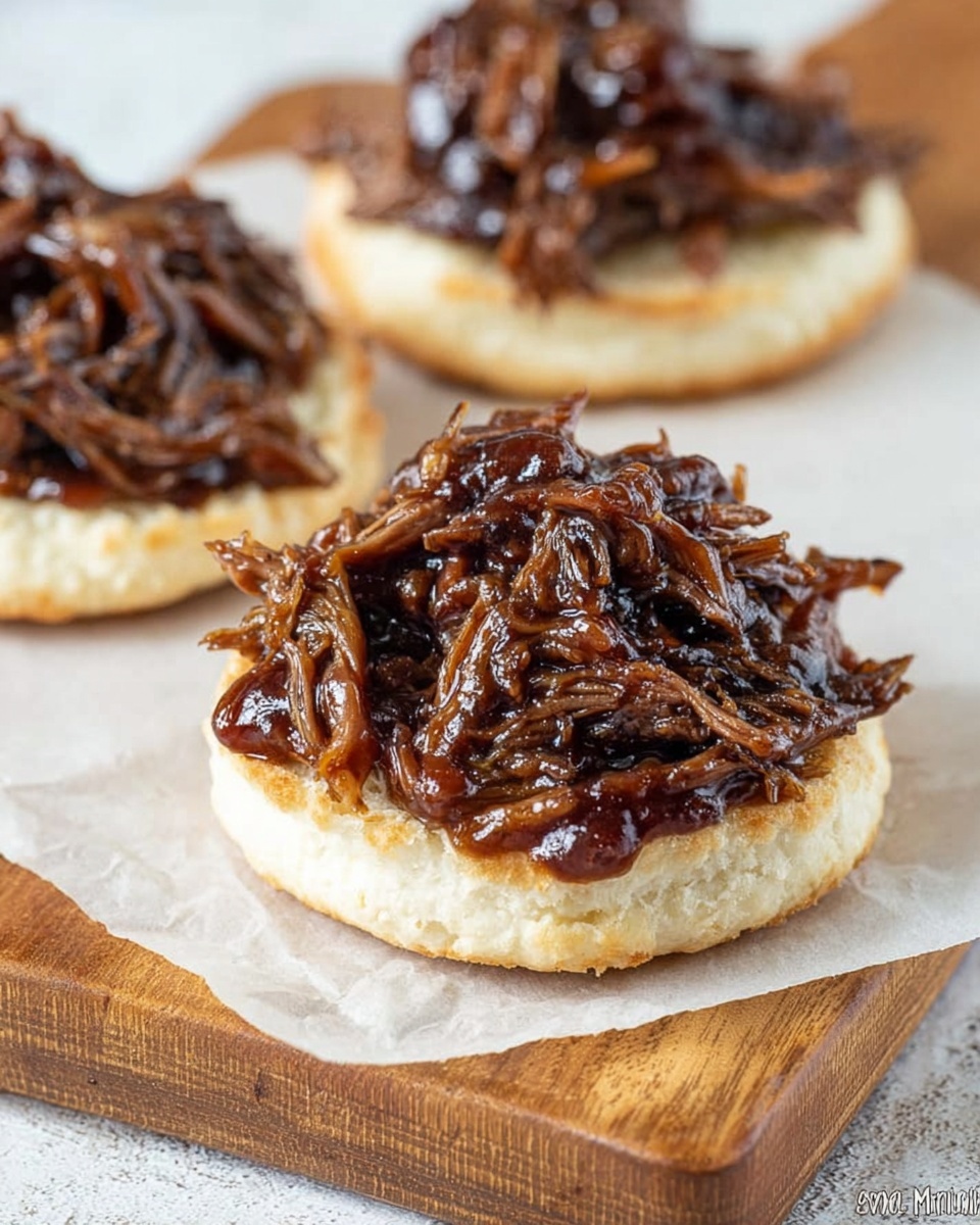 A white plate holds a mound of shredded dark brown meat covered in thick, shiny, rich brown sauce with visible strands and small chunks. The meat looks tender and moist, piled high in the center of the plate. The plate sits on a white marbled surface with a basket and bread rolls blurred softly in the background. The overall scene is warm and inviting. photo taken with an iphone --ar 4:5 --v 7