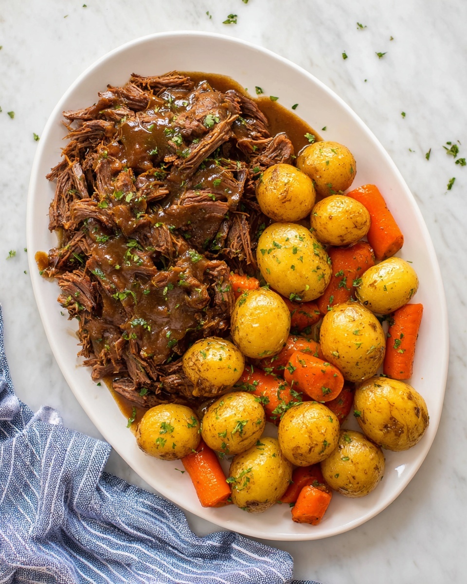 A white oval plate holds two sections of food: on the left side is a pile of shredded dark brown meat covered with thick brown gravy and sprinkled with green herb bits, and on the right side are golden baby potatoes mixed with thick slices of bright orange carrots, both coated in a shiny sauce with small green herbs. The plate sits on a white marbled surface, and in the lower right corner, there is a blue and white striped cloth partially visible. Photo taken with an iphone --ar 4:5 --v 7