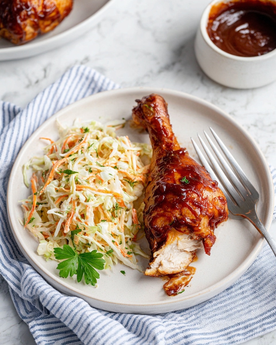 A white plate with two shiny, brown glazed chicken drumsticks on the right side, one drumstick showing white, tender meat where it is bitten. On the left side of the plate, there is a pile of creamy coleslaw made of shredded cabbage, thin orange strips of carrot, and green herbs mixed in light sauce. A small green parsley leaf is placed under the chicken near the bottom right edge of the plate. A silver fork lies diagonally on the left side resting partly on the coleslaw, and the plate is set on a white marbled surface with a blue and white striped cloth napkin below it. In the top right corner, a white bowl with dark brown barbecue sauce is visible, and the background is blurred. Photo taken with an iphone --ar 4:5 --v 7