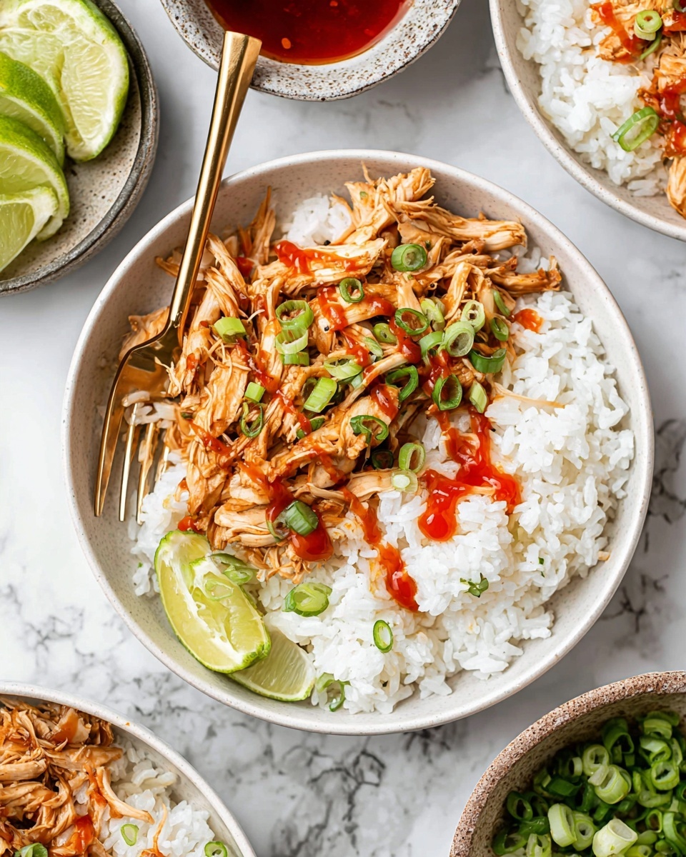 A white bowl filled with two layers: a bottom layer of white rice with fluffy texture and a top layer of shredded light brown cooked chicken pieces. The chicken is dressed with a thin drizzle of bright red sauce and topped with thin green sliced scallions scattered on top. A gold fork rests inside the bowl on the left side. Surrounding bowls and small dishes contain lime wedges, extra sliced scallions, and more sauce on a white marbled surface. photo taken with an iphone --ar 4:5 --v 7