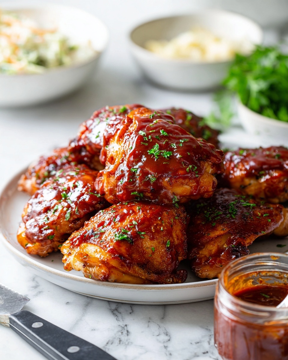 A white plate is filled with about ten pieces of golden-brown chicken thighs stacked in two layers. Each piece is covered with shiny red barbecue sauce, creating a glossy texture. Small green parsley leaves sprinkle evenly on top of the chicken, adding bright spots of color. On the white marbled surface around the plate, a small glass jar with more sauce and a spoon is partially visible on the right side, and in the blurred background, two white bowls hold light-colored side dishes. The front edge of a black-handled knife rests on the left side of the plate. Photo taken with an iphone --ar 4:5 --v 7