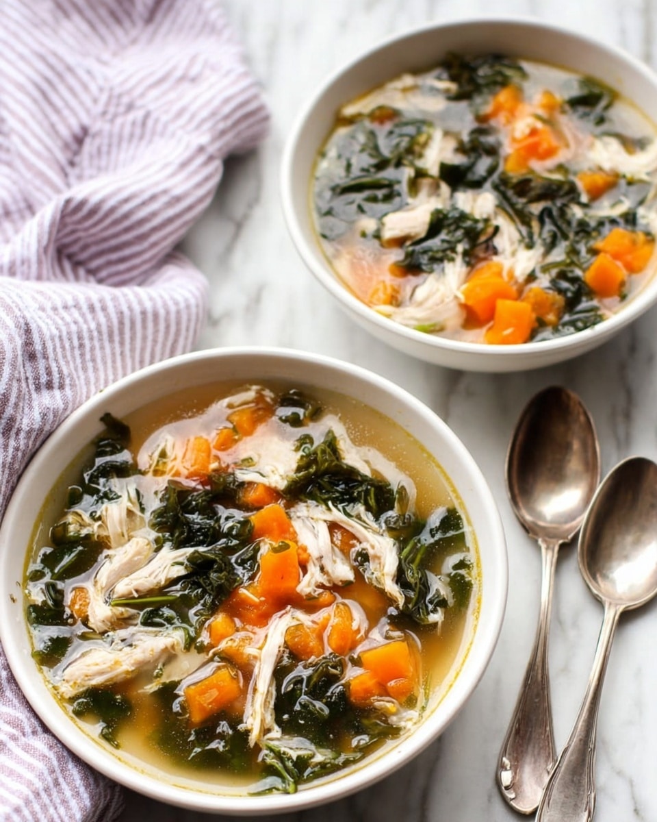 Two white bowls filled with clear soup are shown on a white marbled surface. Each bowl has three main layers: bright orange pumpkin cubes, dark green leafy vegetables, and white shredded chicken. The pumpkin pieces are scattered throughout the soup, the leafy greens float in the broth, and the shredded chicken sits mostly on top. Two silver spoons with engraved handles rest side by side near the front bowl. In the background, a soft lavender and white striped cloth is slightly blurred. Photo taken with an iphone --ar 4:5 --v 7