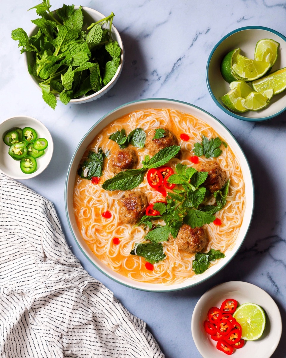 A bowl filled with light orange soup that has thin white noodles spread throughout. On top, there are round meatballs of a beige color, green leafy herbs scattered around, and slices of red and green peppers placed near the center. Drops of bright red sauce are dotted on the soup surface. Surrounding the main bowl are four smaller white bowls: one holds sliced green and orange peppers, one has bright green leafy herbs, another contains green lime wedges, and the last one shows bunches of fresh cilantro leaves. A white and gray striped cloth is casually draped above the main bowl on a white marbled surface. photo taken with an iphone --ar 4:5 --v 7