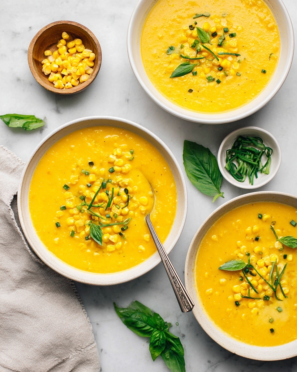 Three white bowls filled with thick, smooth yellow corn soup are placed on a white marbled surface. Each bowl has a layer of bright yellow whole corn kernels and small green chive pieces scattered on top, with fresh green basil leaves as garnish. Two bowls have metal spoons resting inside, showing the creamy texture of the soup. Around the bowls, loose basil leaves and chopped chives are sprinkled on the surface. To the right, a small wooden bowl filled with more corn kernels and a small white bowl of chopped chives accompany the soup. A soft gray cloth is casually folded near the bottom left corner. The lighting is bright and natural, highlighting the colors and textures. photo taken with an iphone --ar 4:5 --v 7