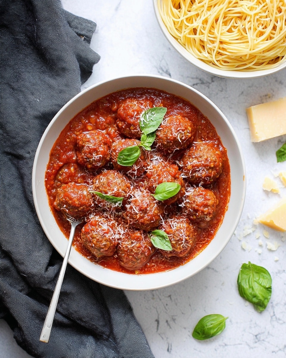 The image shows a white bowl filled with red tomato sauce and round meatballs covered in the sauce, with some grated cheese on top and green basil leaves scattered over the dish. A silver spoon rests inside the bowl on the left side. Above this bowl, there is a partial view of another white bowl filled with light-colored spaghetti noodles lightly coated with tomato sauce. The bowls sit on a white marbled surface with scattered fresh basil leaves and a piece of light yellow cheese on the upper right. A dark gray cloth is placed under the bowl of meatballs on the left side. Photo taken with an iphone --ar 4:5 --v 7