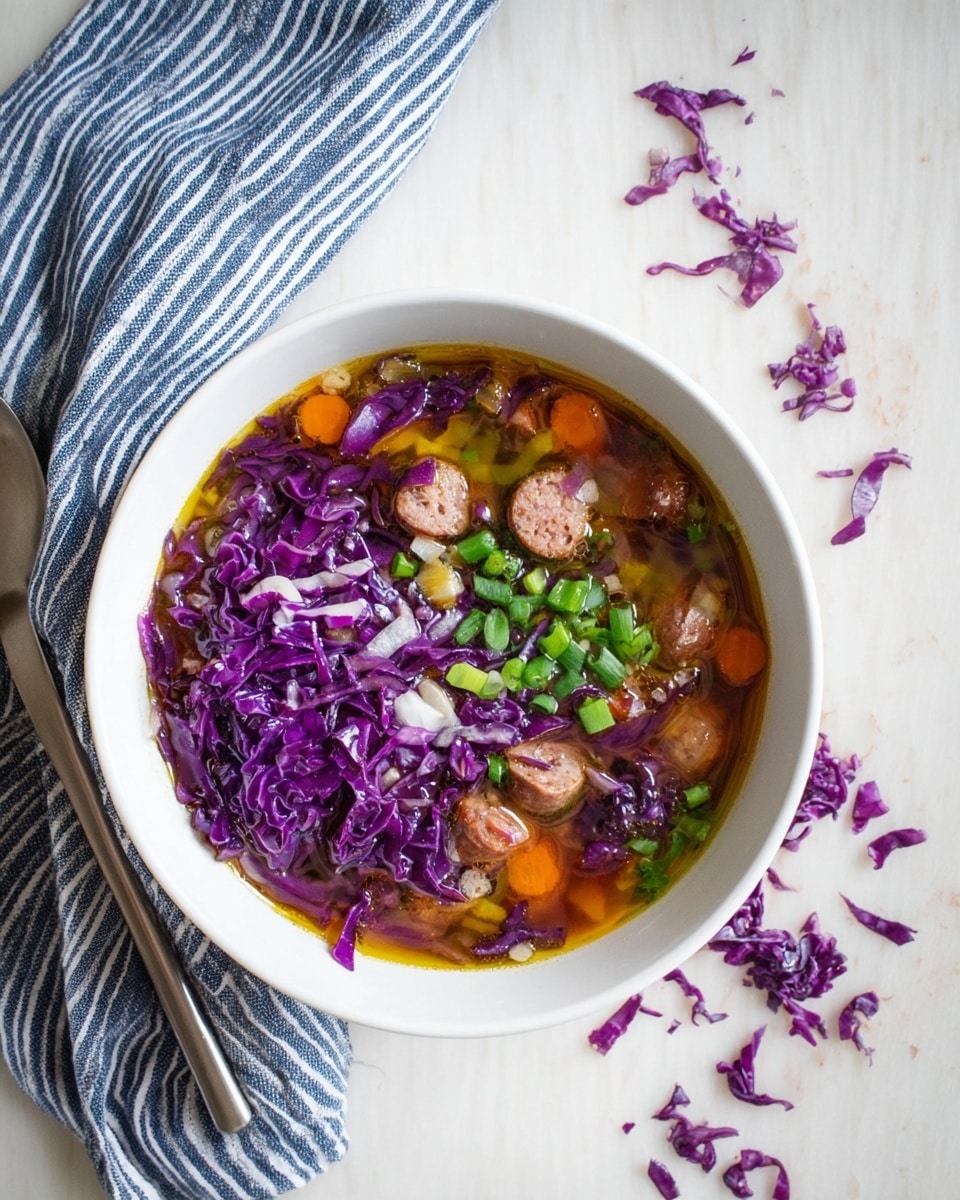 A white bowl filled with a colorful soup that has 4 main layers: at the bottom is a purple-red broth, above it are small round sausage slices and chopped orange carrots mixed with soft purple cabbage pieces, on one side a fresh pile of thinly sliced bright purple cabbage, and next to it a mix of sliced white and green onions. The bowl sits on a blue and white striped cloth on a white marbled surface, with scattered purple cabbage pieces around. A silver spoon lies to the right of the bowl. Photo taken with an iphone --ar 4:5 --v 7