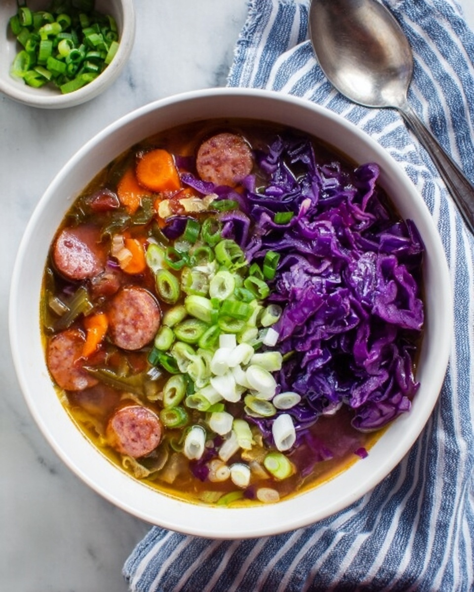 A white bowl filled with a stew showing three main layers: the reddish-brown broth with visible chunks of sausage and soft orange carrot pieces at the base, a layer of finely shredded purple cabbage that covers part of the stew near the bowl's edge, and a topping of fresh chopped green onions and white scallion pieces gathered on one side. The bowl sits on a white marbled surface next to a silver spoon and a striped cloth napkin. Photo taken with an iphone --ar 4:5 --v 7