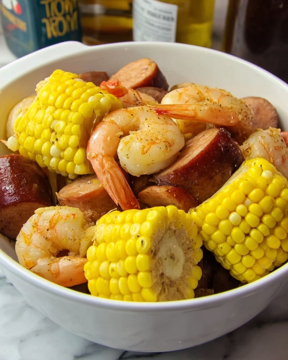A white bowl is filled with bright yellow corn on the cob pieces, reddish-brown sausages sliced in large chunks, and pinkish-orange cooked shrimp with tails on. The corn pieces have visible kernels with a slightly glossy texture, while the sausages are smooth and firm, nestled around the shrimp, which have a slightly flaky texture. The bowl sits on a white marbled surface, with a few bottles and containers blurry in the background. photo taken with an iphone --ar 4:5 --v 7