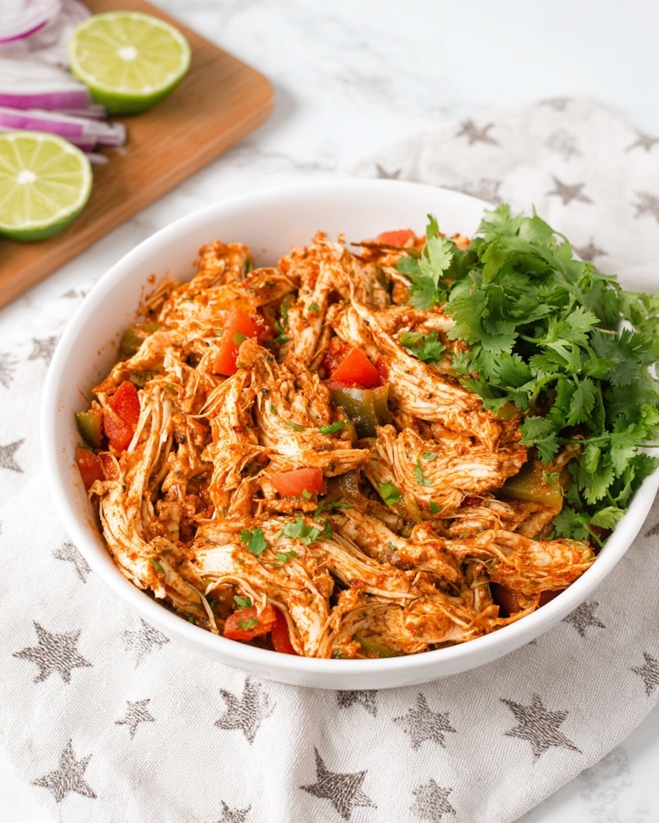 A white bowl sits on a white marbled surface with a light cloth underneath showing a grey star pattern. Inside the bowl, there is a layered dish with shredded pieces of cooked chicken colored light brown with a coating of reddish-orange spices. Mixed within the chicken are small chunks of tomato and green peppers, adding red and green spots throughout. On the right side of the bowl, there is a fresh green bunch of cilantro used as garnish. In the background to the left, a wooden cutting board holds sliced purple onions and lime wedges with bright green skins and yellow-green inside. The photo taken with an iphone --ar 4:5 --v 7