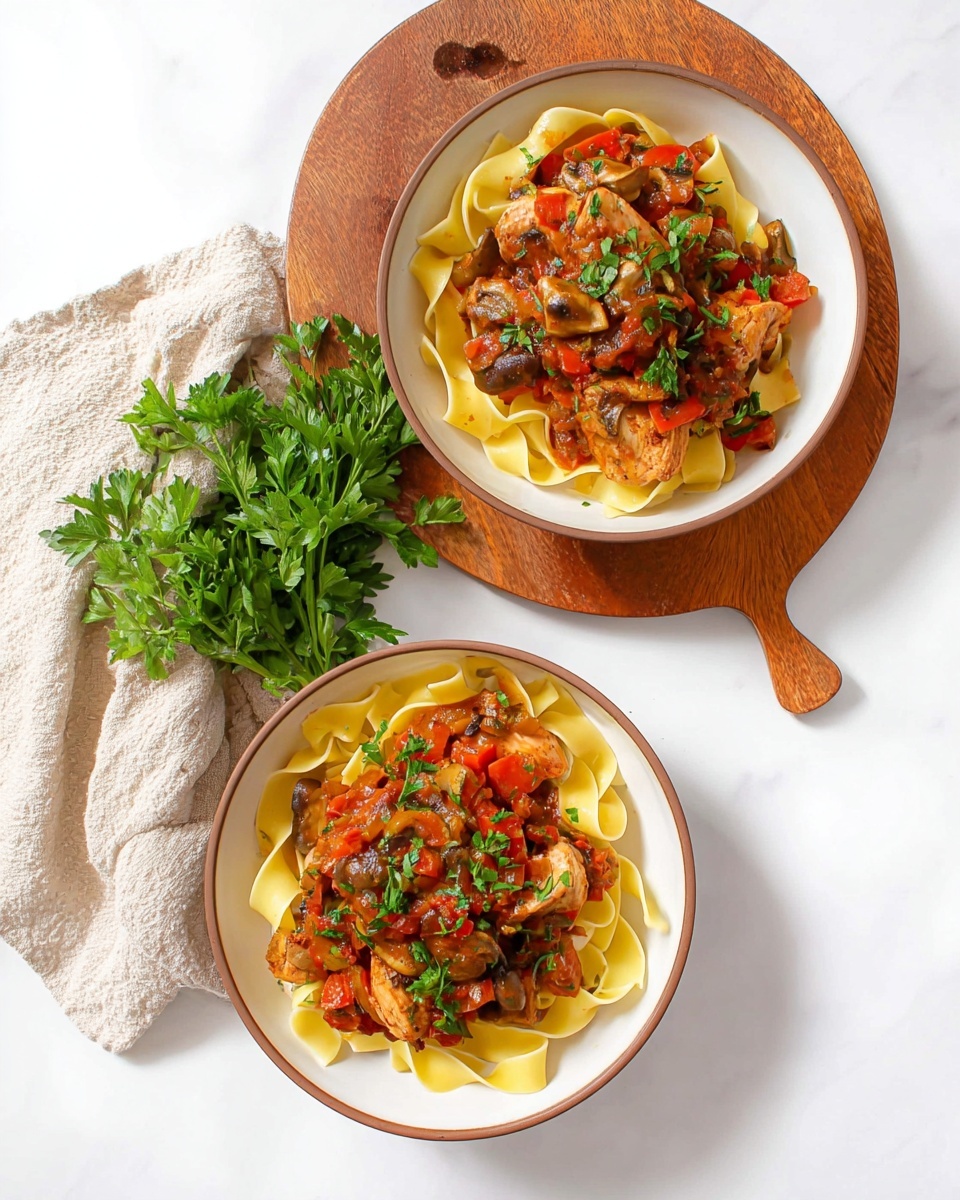 A white bowl filled with wide, flat noodles forms the base, showing a light creamy yellow color and smooth texture. On top, a chunky sauce with pieces of tender cooked meat, red bell peppers, diced onions, and sliced brown mushrooms covers the noodles. Small green herb bits are sprinkled over the sauce for a fresh touch. A fork and knife rest in the bowl, with the fork lifting some noodles and meat, creating a dynamic scene. The bowl sits on a round wooden board, with fresh green celery leaves placed nearby on a white marbled surface. photo taken with an iphone --ar 4:5 --v 7