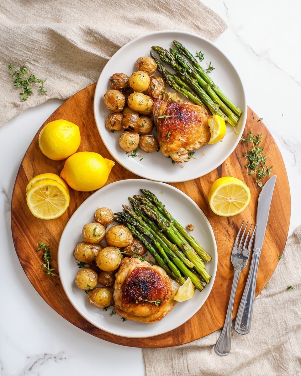 Two white plates rest on a round wooden board over a white marbled surface. Each plate has three main parts: on the bottom, a golden-brown roasted chicken piece with a crispy skin, on the left, a pile of roasted baby potatoes with a light brown crispy outside, and on the right, a bundle of bright green asparagus stalks. Small sprigs of herbs are scattered over the food for garnish. A lemon slice is placed next to the chicken on the bottom plate. On the side, there are whole and halved lemons, a silver fork and knife, and a beige cloth with some herbs on it. photo taken with an iphone --ar 4:5 --v 7