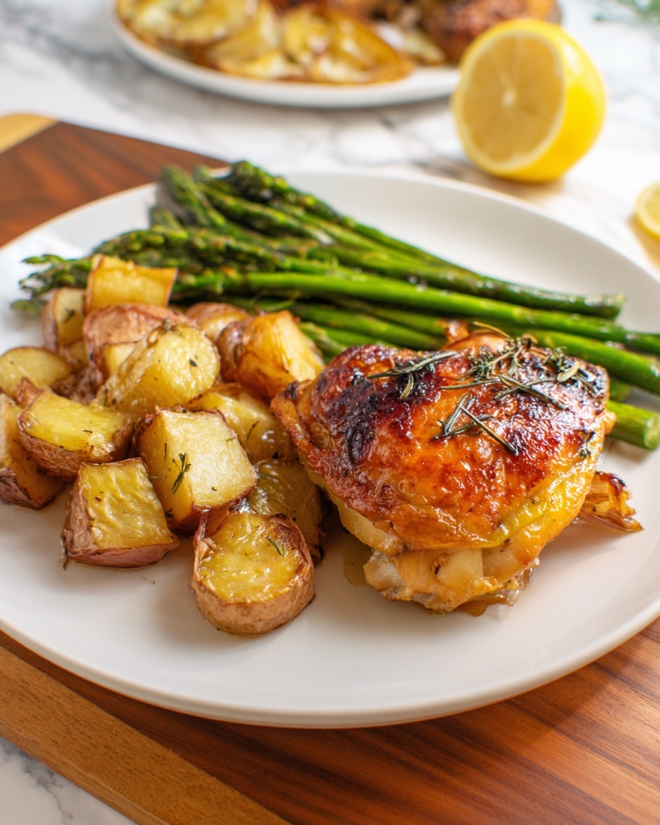 A white plate holds three main layers of food arranged in sections: on the right is a golden-brown roasted piece of chicken with a slightly charred texture and some herbs on top, next to it in the middle are bright green asparagus stalks laid side by side, and on the left side are roasted potato chunks showing a mix of golden and light brown crispy edges. The plate is set on a wooden surface, with a half lemon and more food blurred in the background, all on a white marbled texture. Photo taken with an iphone --ar 4:5 --v 7