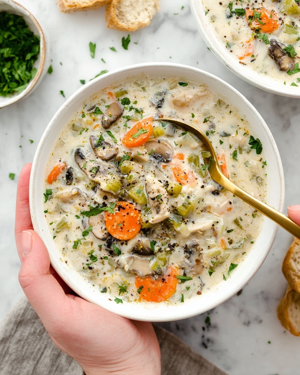 A white bowl filled with creamy soup that has several layers of chunky ingredients including orange carrot slices, green herbs, small leek pieces, and light brown mushrooms mixed in a thick white broth. There are green parsley leaves sprinkled on top along with black pepper. A gold spoon rests inside the bowl, partly covered by the soup. A woman's hand holds the bowl from the bottom edge. The background shows a white marbled texture with a small bowl of green herbs and pieces of bread nearby. Another similar bowl of soup is partly visible in the background. Photo taken with an iphone --ar 4:5 --v 7