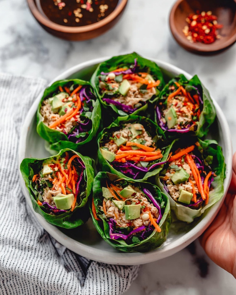 A white bowl holds six fresh lettuce wraps arranged in a circle. Each wrap has three main layers: a dark green leafy outer layer, followed by a bright orange shredded carrot layer mixed with thin strips of purple cabbage, and then a filling of light beige finely shredded meat mixed with small chunks of pale green avocado. Behind the bowl, a brown wooden bowl with dark sauce and chili flakes sits on a white marbled surface, along with a smaller wooden bowl of red chili flakes. A woman's hand holds one wrap near the bowl. A white and gray striped cloth lies on the left side of the frame. Photo taken with an iphone --ar 4:5 --v 7