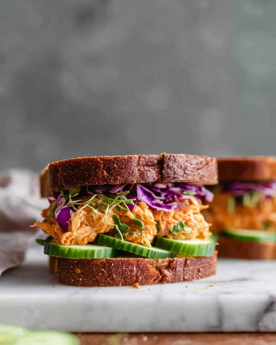 The image shows a sandwich with three clear layers between two thick slices of dark brown bread. The bottom layer has bright green cucumber slices arranged evenly. Above the cucumber is a layer of shredded orange-colored filling mixed with green herbs and a few thin strips of purple cabbage. The top slice of bread rests lightly on the filling. The sandwich sits on a surface with a white marbled texture, and in the background, a blurry second sandwich is partially visible. Photo taken with an iphone --ar 4:5 --v 7