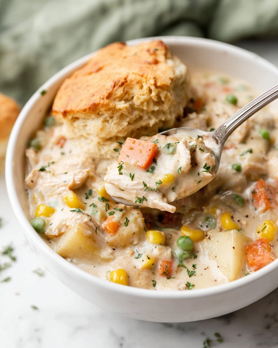 A close-up view of a white bowl filled with creamy chicken and vegetable stew. The stew has chunky pieces of orange carrots, green peas, yellow corn, and white potatoes mixed in thick white sauce with small green herb bits sprinkled on top. A silver spoon holds a serving of the stew showing a flaky golden biscuit piece on top. Another piece of biscuit sits partially submerged in the creamy stew inside the bowl. The entire scene is set on a white marbled surface with a soft, out-of-focus green cloth visible in the background. photo taken with an iphone --ar 4:5 --v 7