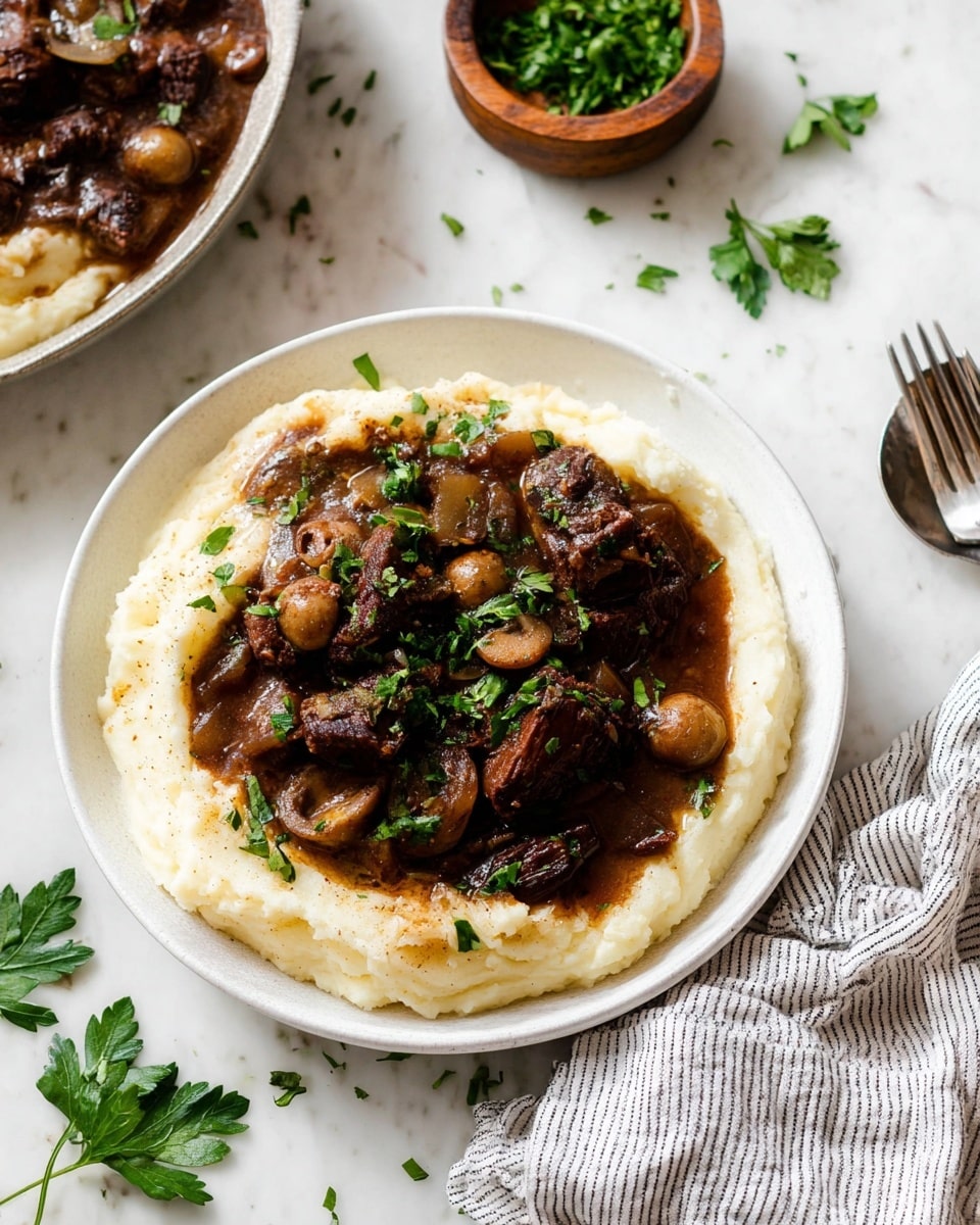 The image shows a white bowl filled with creamy, smooth mashed potatoes forming the bottom layer, topped with a thick, dark brown stew that includes pieces of beef, whole pearl onions, and mushrooms. Small green parsley leaves are scattered on top and around the stew, adding color contrast. The bowl is placed on a white marbled surface, with additional fresh parsley leaves scattered nearby and a small wooden bowl containing chopped herbs in the background. A fork and a striped cloth napkin are visible to the right. Photo taken with an iphone --ar 4:5 --v 7