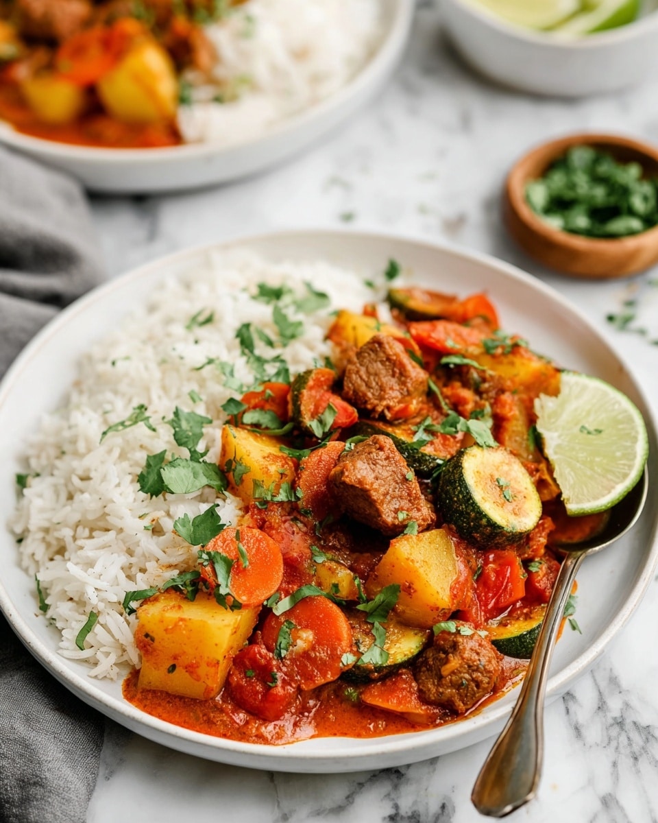 Instant Pot Lamb Curry Recipe 6 The image shows a white plate with a base layer of fluffy white rice. On top of the rice, there is a layer of stew made of golden yellow potato chunks, orange carrot slices, green zucchini pieces, and brown meat cubes in a thick reddish-orange sauce. Fresh green cilantro leaves are scattered over the stew and rice. A wedge of lime sits on the right edge of the plate. The plate is placed on a white marbled surface. A spoon rests on the plate’s edge, and blurred background elements include another white plate with a similar dish and a small wooden bowl filled with green herbs. Photo taken with an iphone --ar 4:5 --v 7