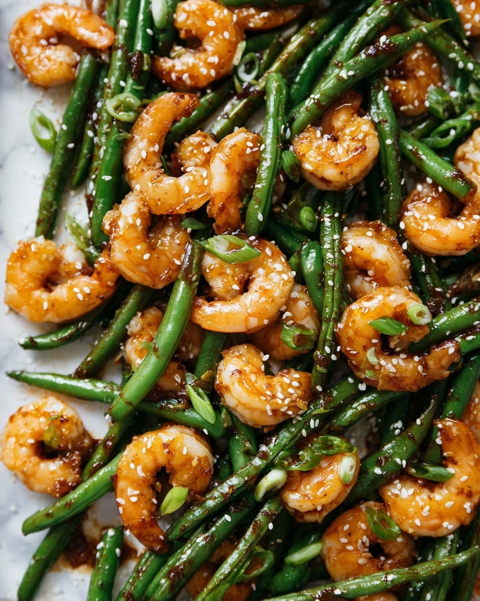 The image shows a close-up of cooked shrimp and green beans mixed together on a white marbled surface. There are about two layers, with vibrant orange shrimp scattered evenly among bright green beans that look slightly shiny and tender. The shrimp are small, curled, and have a light glaze, while the green beans are whole and coated with a dark brown sauce. Small white sesame seeds and green onion slices are sprinkled over the top, adding color contrast and texture. The whole dish looks fresh and flavorful with a clean presentation photo taken with an iphone --ar 4:5 --v 7