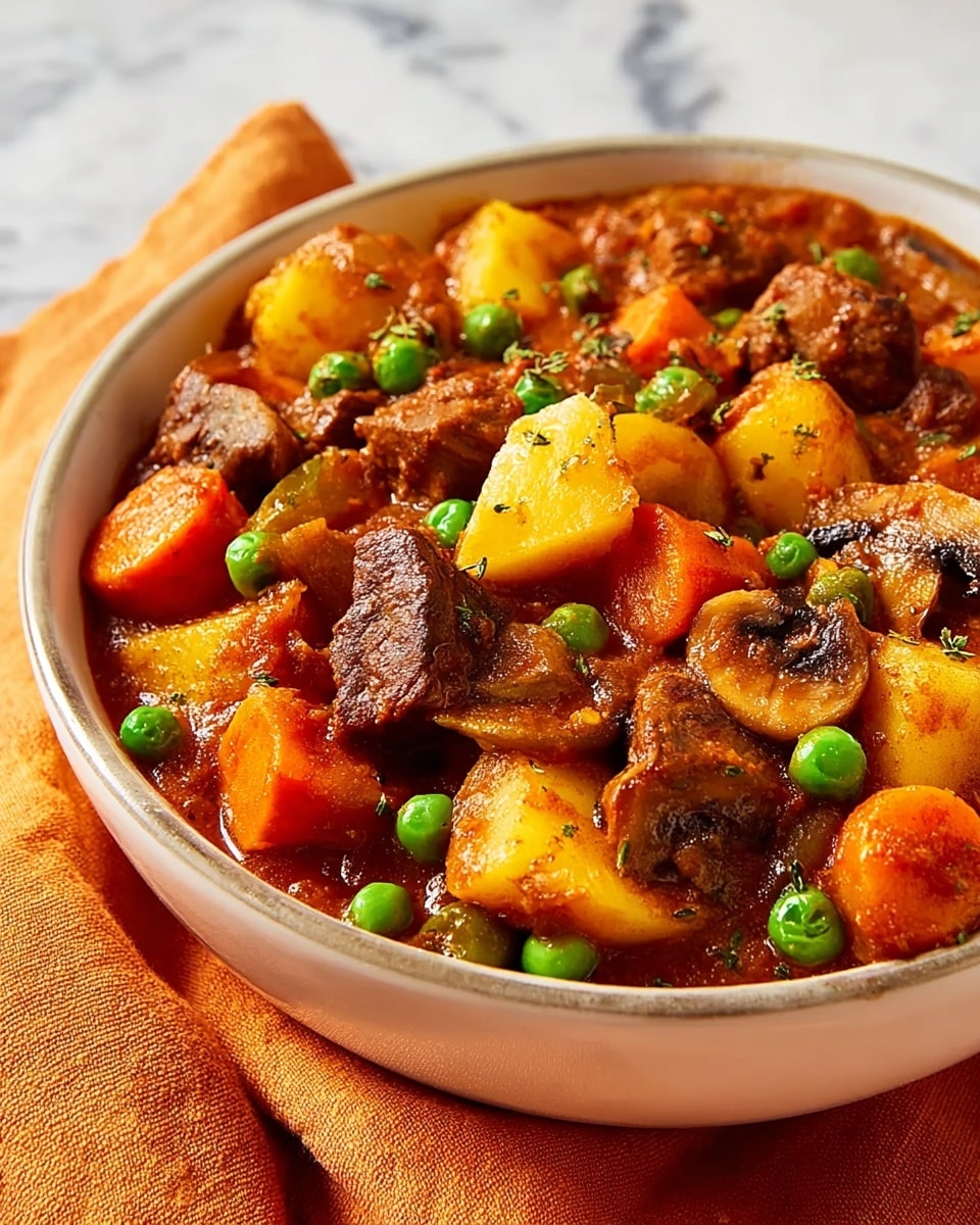 A white bowl filled with a thick stew showing about four main layers of ingredients: large orange carrot pieces, golden yellow potatoes, green peas scattered evenly, and chunks of brown meat mixed with brown sliced mushrooms, all coated in a rich brown sauce. The bowl sits on a white marbled surface with an orange cloth slightly visible in the background. The textures vary from soft vegetable chunks to tender meat pieces, creating a hearty and colorful dish photo taken with an iphone --ar 4:5 --v 7