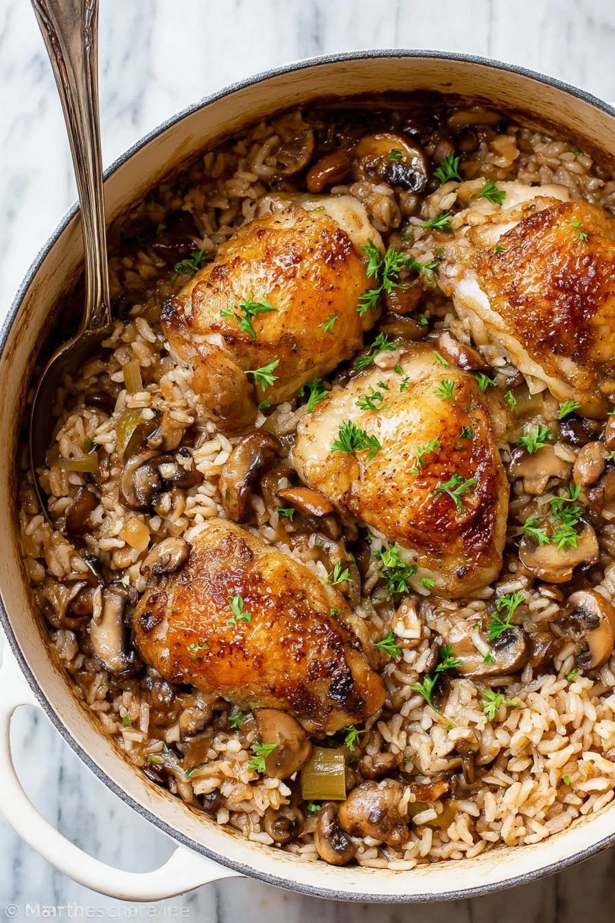 The image shows a white, deep skillet filled with a rich mushroom and rice dish topped with three large, golden-brown chicken pieces. The bottom layer consists of mixed rice with a brown, slightly glossy texture, mixed with sliced mushrooms and herbs, creating a hearty and textured base. On top of the rice are the three cooked chicken pieces, browned with a slightly crispy surface and scattered with a few mushroom slices and green herb bits. The skillet has a clean edge with a shiny metal spoon resting partially in the rice, and the background is a white marbled surface. photo taken with an iphone --ar 4:5 --v 7