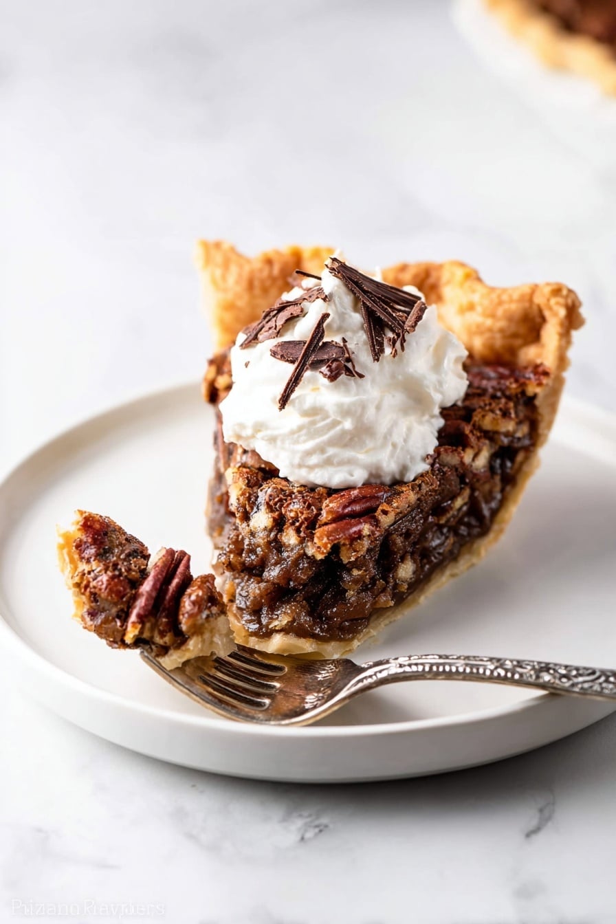 A single slice of pecan pie sits in the center of a smooth white plate on a white marbled surface. The crust is golden and flaky with a slightly crimped edge. The pie filling is rich and dark brown with visible whole pecans and small chocolate pieces embedded in the filling. On top of the pie slice, there is a dollop of white whipped cream, decorated with thin curls of dark chocolate shavings. A silver fork with floral patterns on the handle rests on the plate beside the slice, holding a small bite of the pie with cream. Photo taken with an iphone --ar 4:5 --v 7