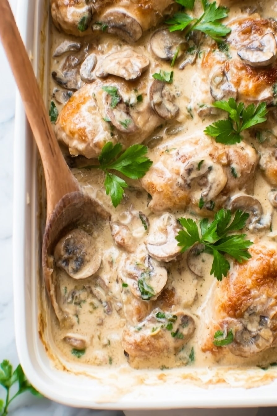 The image shows a white rectangular baking dish filled with a creamy mushroom and chicken dish. The dish has several pieces of light golden brown chicken placed among sliced mushrooms in a beige creamy sauce. There are sprigs of fresh green parsley scattered on top, adding a touch of color. A copper spoon is inside the dish, resting against one side. The baking dish sits on a white marbled surface. The colors are warm and soft, with a smooth sauce texture surrounding the ingredients. photo taken with an iphone --ar 4:5 --v 7