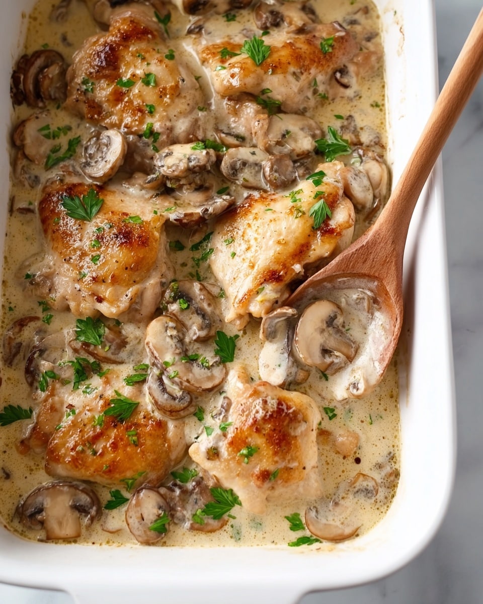 A close-up view of a creamy chicken dish in a white rectangular baking dish filled with several pieces of light golden cooked chicken thighs mixed with sliced brown mushrooms. The creamy sauce is thick with a pale beige color, covering the chicken and mushrooms evenly. Small green parsley leaves are scattered on top for a fresh touch. In the top right corner, a wooden spoon rests in the sauce, showing the creamy texture. The dish sits on a white marbled surface, creating a clean background. Photo taken with an iphone --ar 4:5 --v 7