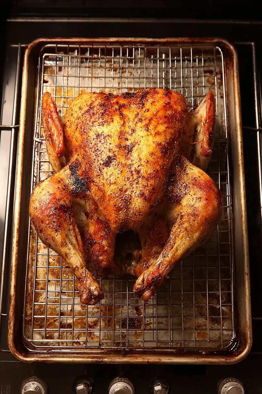The image shows a whole roasted chicken placed on a silver wire rack over a silver baking tray inside an oven. The chicken is spatchcocked, with wings and legs spread out flat, revealing a crispy, golden-brown skin with dark specks of seasoning. The chicken's skin has a mix of shiny and matte textures, showing a well-cooked surface with some darker, almost charred spots. The oven knobs and interior are visible in the background, and the oven light softly illuminates the bird, creating warm shadows around it. The photo taken with an iphone --ar 4:5 --v 7