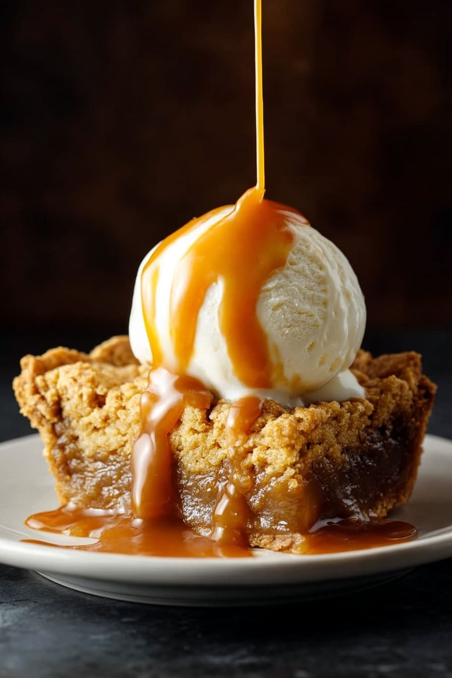 A slice of moist, golden brown cake with a slightly crumbly texture sits on a white plate, topped with a large scoop of smooth, white ice cream. Thick, amber-colored caramel sauce is generously drizzled over the ice cream, flowing down the sides and partially onto the cake. The background is a dark, soft-focus setting that contrasts with the dessert. The surface beneath the plate is a white marbled texture photo taken with an iphone --ar 4:5 --v 7