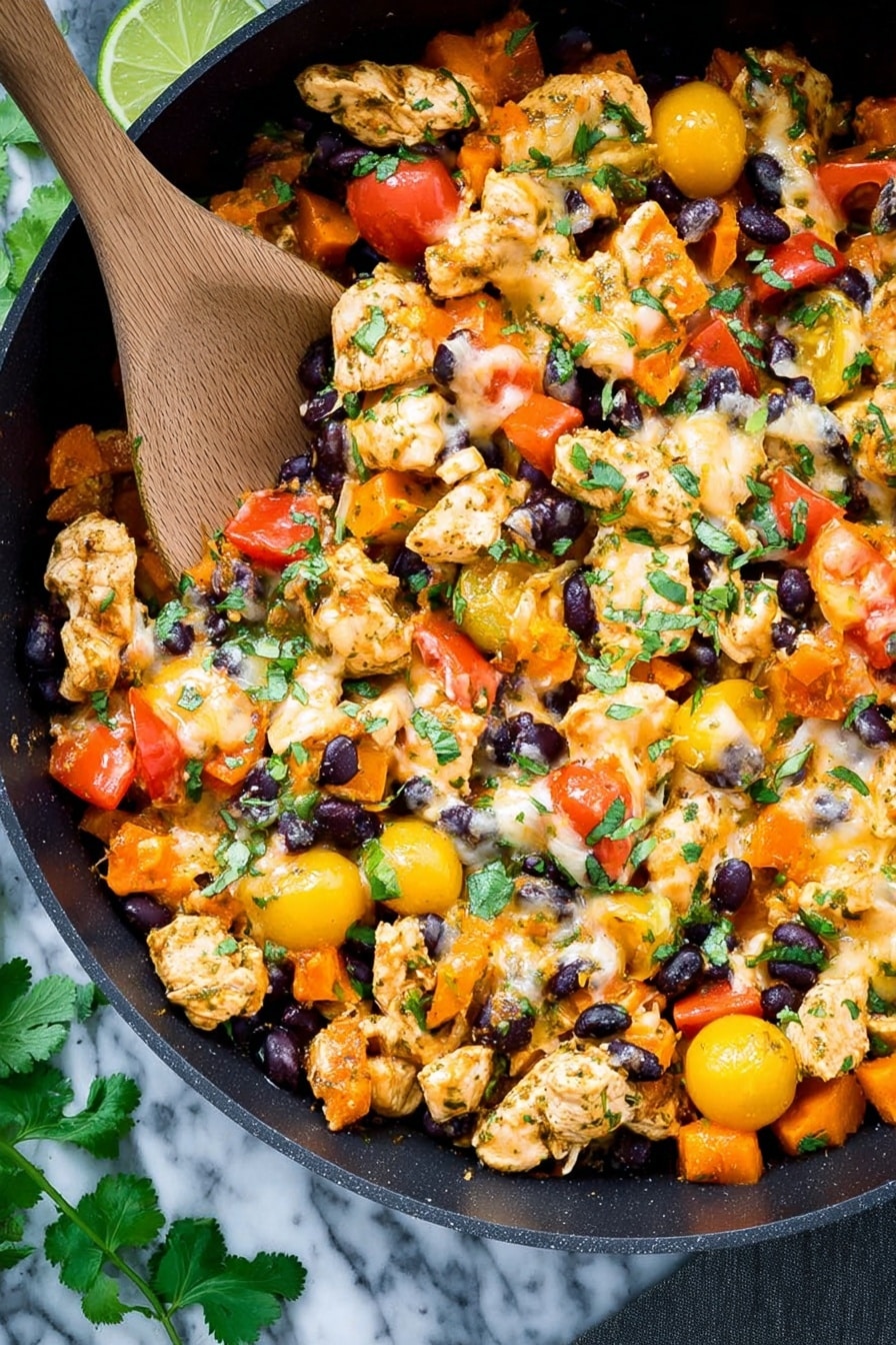 This image shows a black pan filled with a colorful mix of cooked food. The dish has pieces of light brown chicken, bright orange chunks of sweet potato, and black beans spread all over. There are slices of yellow cherry tomatoes and small bits of melted pale yellow cheese on top. Green pieces of fresh herbs are sprinkled across the food, adding a touch of brightness. A wooden spatula is placed in the pan, resting on the food as if ready to stir. The pan sits on a white marbled surface with some lime slices and green herb leaves around the edges. Photo taken with an iphone --ar 4:5 --v 7