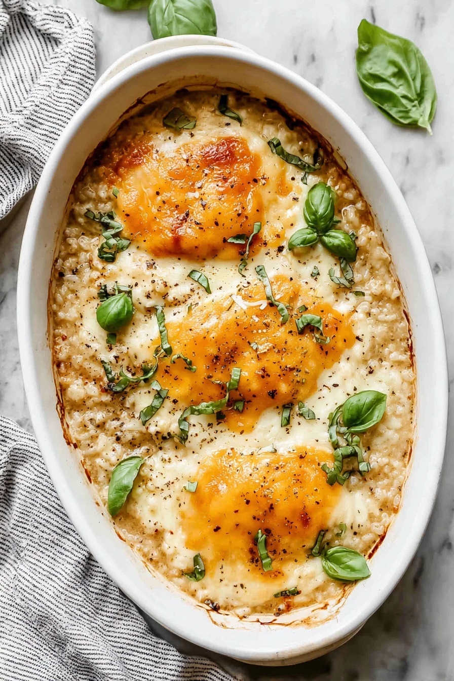 A white plate sits on a white marbled surface, holding a single serving of baked cheesy casserole. The bottom layer is a creamy mixture with a slightly browned crust, scattered with fresh dark green basil leaves. The top layer is a smooth, melted orange cheese that covers the center of the dish, sprinkled lightly with black pepper and more small basil leaves. In the top right corner, a white serving dish holds the remaining casserole, with a scoop missing and a white spoon resting inside. Photo taken with an iphone --ar 4:5 --v 7