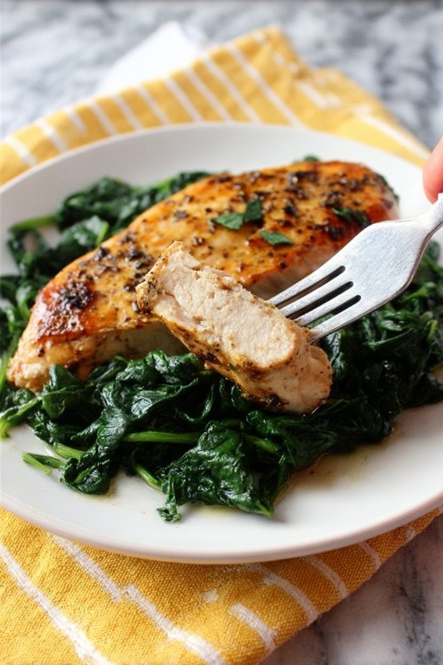 The image shows a white plate with two pieces of cooked chicken on a bed of dark green spinach leaves. The chicken is light brown with a slightly crispy texture and sprinkled with small dark herbs on top. One piece of chicken is whole, while the other piece is held by a fork, showing the light, tender inside. The white plate sits on a yellow and white striped cloth, and the background is a white marbled surface. photo taken with an iphone --ar 4:5 --v 7