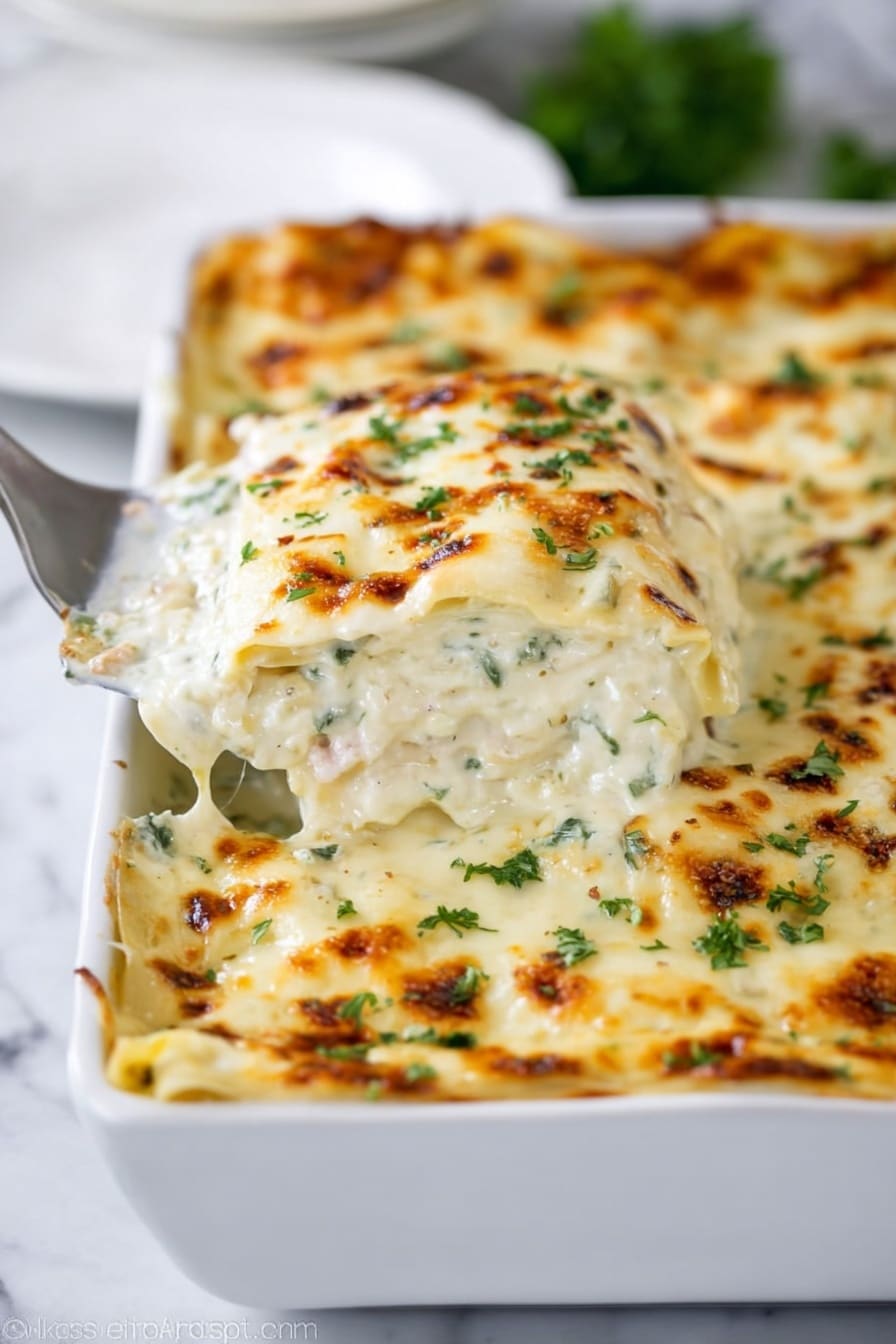 Cheesy Chicken Alfredo Lasagna Recipe 5 A white round baking dish filled with a creamy lasagna that has multiple layers of pale yellow pasta sheets and white creamy sauce with green spinach visible inside. The top layer is covered by a golden brown melted cheese crust with small green parsley flakes spread on it. A silver serving spatula lifts a scoop of the lasagna, showing thick, cheesy layers with visible herbs mixed in, against a soft-focus white marbled background. The light is soft and natural, highlighting the creamy texture and browned cheese. Photo taken with an iphone --ar 4:5 --v 7