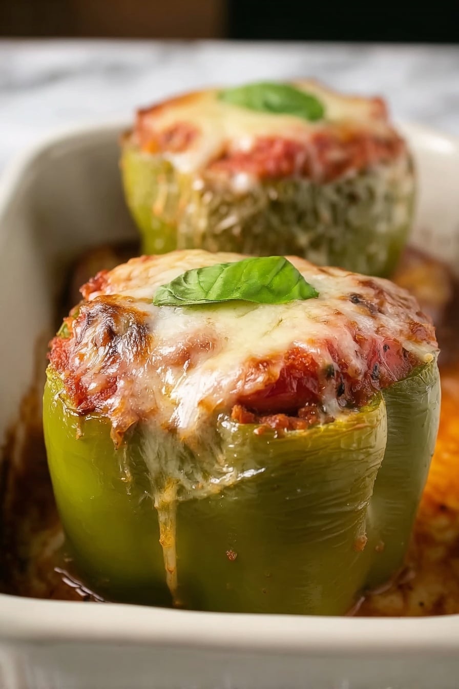The image shows two green bell peppers standing upright in a white baking dish on a white marbled surface. Each pepper is topped with melted cheese that is golden and bubbly, with some cheese and red sauce dripping down the sides. The peppers have a slightly wrinkled texture from cooking. A small piece of green parsley is placed on top of the cheese of each pepper. The baking dish has browned spots from cooking the peppers. photo taken with an iphone --ar 4:5 --v 7