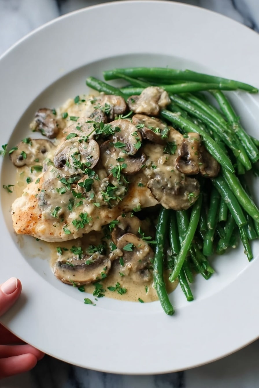 Easy Chicken Marsala Without Wine Recipe 5 A white plate on a white marbled surface holds a meal with three main layers. The bottom layer is made of green beans that are bright green and long, arranged in a neat pile mostly to the right side of the plate. On top and to the left, there is a light brown cooked piece of chicken with a soft texture. The top layer is a creamy light beige sauce with many slices of cooked mushrooms that are light tan with a smooth texture. Small chopped green herbs are sprinkled on top of the dish, adding a fresh color contrast. Photo taken with an iphone --ar 4:5 --v 7