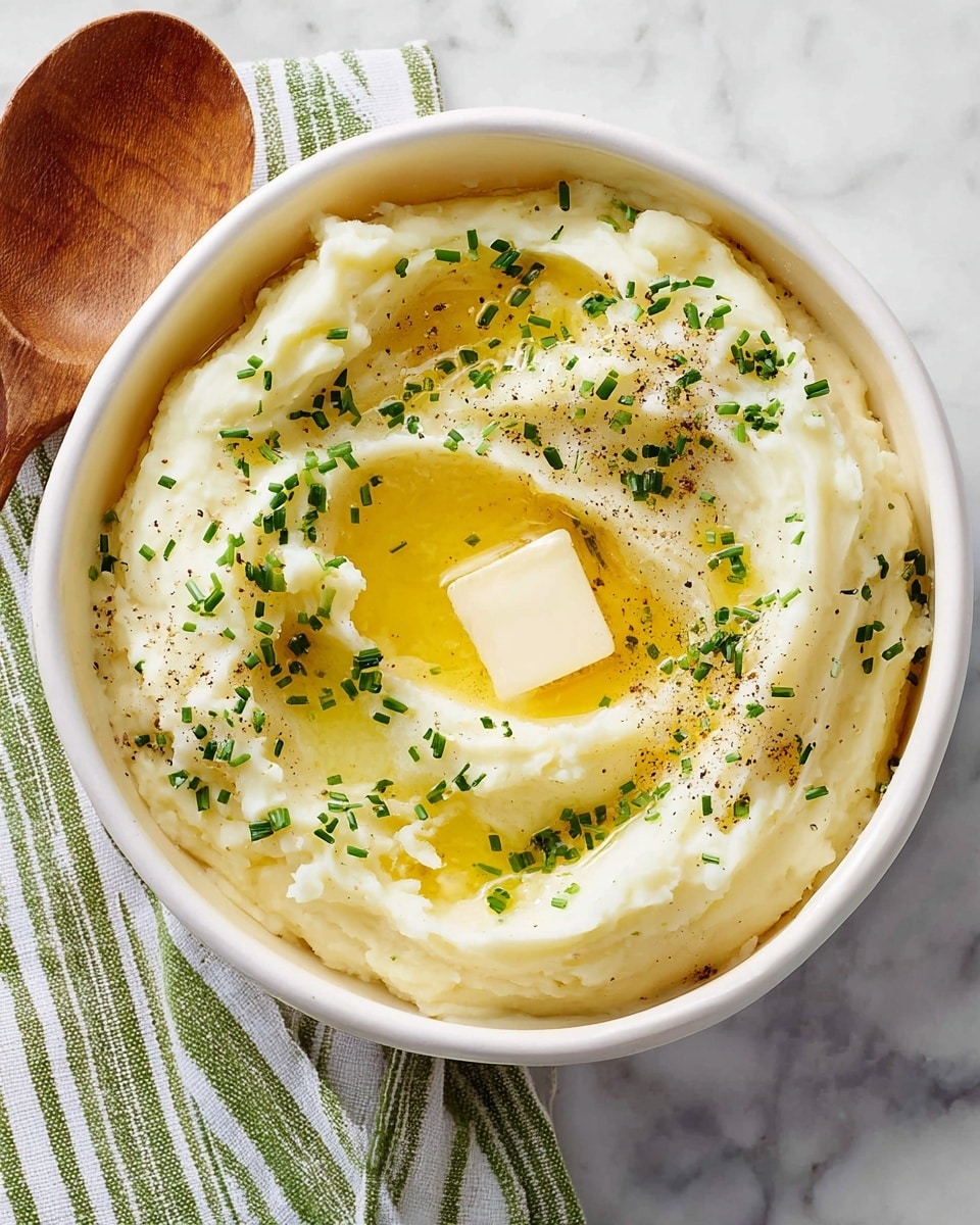 The image shows a round white bowl filled with smooth, creamy mashed potatoes that have a light yellow color. Two square pats of melting butter sit on top in the center, surrounded by a small pool of melted butter. Small green chives are sprinkled over the potatoes and butter, adding color contrast. Black pepper is lightly scattered on the surface. A wooden spoon lies inside the bowl, partially scooping the mashed potatoes from the side, which creates soft ridges and texture on the potato surface. The bowl is placed on a white marbled surface. photo taken with an iphone --ar 4:5 --v 7