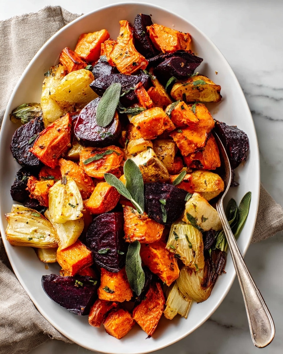 A white oval plate filled with a mix of roasted vegetables including orange sweet potato chunks, dark purple beet pieces, light beige parsnip slices, and small pieces of light brown mushroom. The vegetables are topped with fresh green sage leaves scattered evenly. A silver spoon rests in the front of the plate with its handle on the white marbled surface beneath. A beige cloth napkin is partly visible at the bottom right corner. The colors are warm and earthy, with a light sprinkle of herbs and pepper on the vegetables. photo taken with an iphone --ar 4:5 --v 7