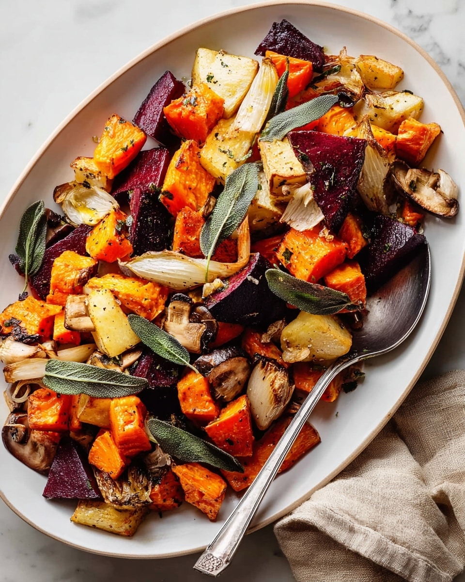 The dish shows a white oval plate filled with three layers of roasted vegetables. The first layer has large, soft chunks of orange sweet potatoes with a lightly crisped texture. The second layer includes deep purple chunks of beets that look tender and slightly shiny. The third layer consists of light yellow parsnip pieces that are firm yet roasted with a golden edge. Fresh green sage leaves are scattered on top, giving a fresh look. A silver spoon lies on the plate's edge, resting on the roasted vegetables, and a beige cloth is partially visible under the plate on a white marbled surface. Photo taken with an iphone --ar 4:5 --v 7