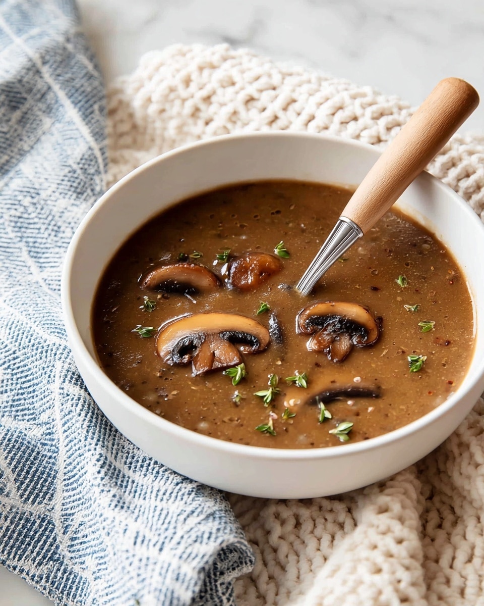 A white bowl filled with thick brown mushroom soup that has visible slices of cooked mushrooms in it. The soup is topped with small green herb leaves scattered on the surface. A silver spoon rests inside the bowl on the right side. The bowl is placed on a chunky cream knitted cloth on a white marbled surface, with a blue and white checkered cloth nearby. Photo taken with an iphone --ar 4:5 --v 7