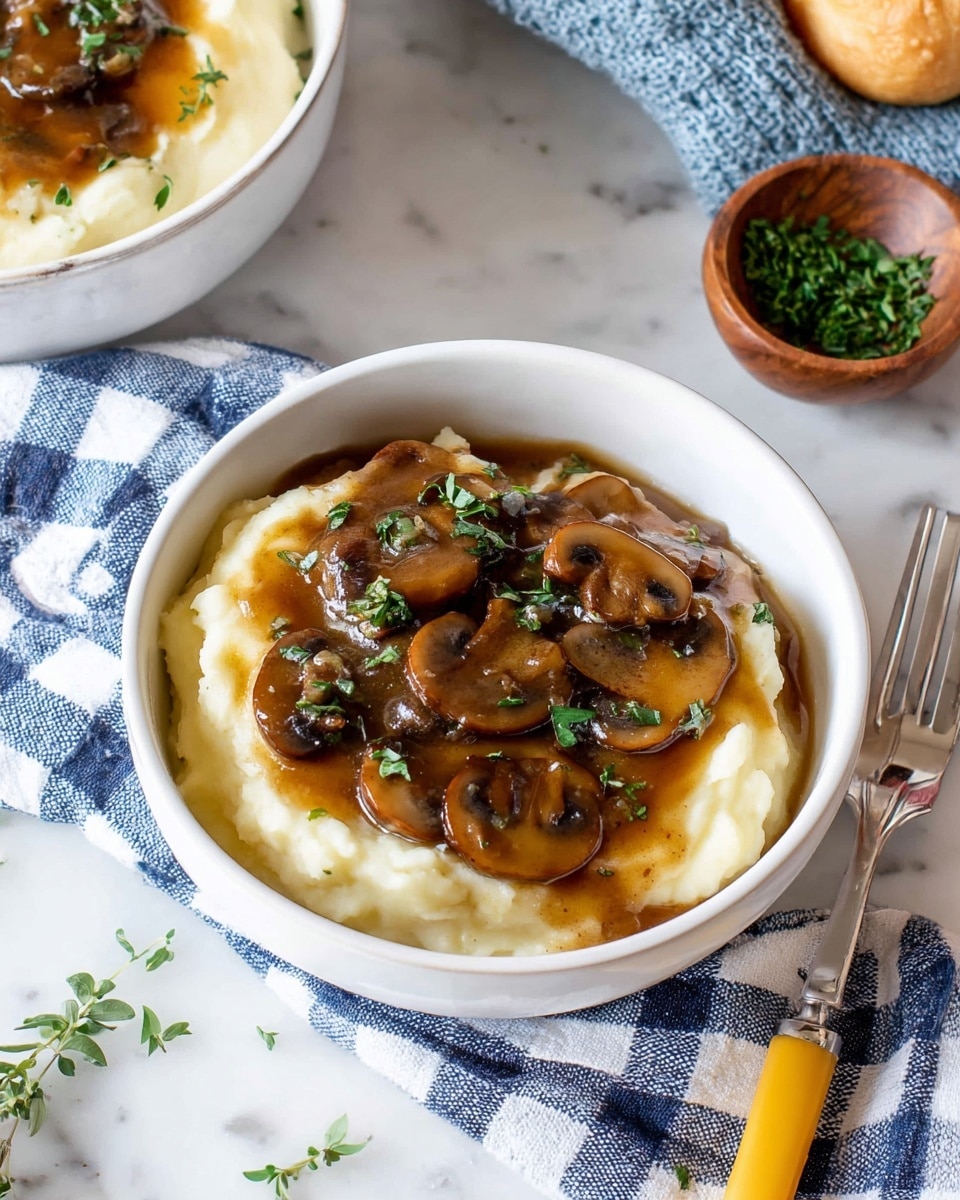 A white bowl filled with two main layers: the bottom layer is creamy mashed potatoes, smooth and pale white, taking most of the space in the bowl; the top layer is brown mushroom gravy with visible slices of cooked mushrooms, sitting in the center over the mashed potatoes. The gravy has a thick, glossy texture, and there are small green herb leaves sprinkled over both layers. The bowl is placed on a white marbled surface with a piece of blue and white checked cloth nearby and a green leaf visible on the right side. photo taken with an iphone --ar 4:5 --v 7